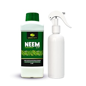 greenfinity 100 cold pressed natural neem oil concentrate 1 l for indoor amp outdoor plants  empty spray bottlesteam distilled  insecticide fungicide viricide amp miticide for natural gardening