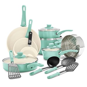 greenlife aluminium nonstick cookware set 1qt covered saucepan 2qt covered saucepan 5qt covered stockpot 25qt covered saute pan 16 piece turquoise