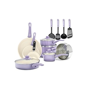 greenlife cc001792-001 ceramic cookware set 1qt covered saucepan 2qt covered saucepan 5qt covered stockpot 25qt covered saute pan 16 piece lavender