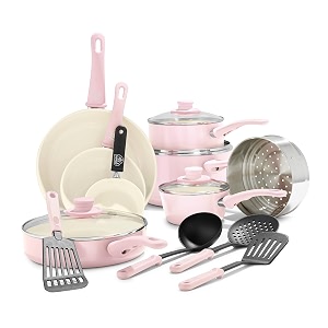greenlife cc002377-001 ceramic cookware set 1qt covered saucepan 2qt covered saucepan 5qt covered stockpot 2 5qt covered saute pan 16 piece soft pink