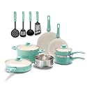 GreenLife CC003170-001 Ceramic Cookware Set, 15 Piece: 1QT and 2QT Saucepans, 5QT Stockpot, 2.5QT Saute Pan (Turquoise)