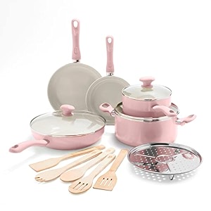 greenlife soft grip healthy ceramic nonstick 14 piece cookware pots and pans set pfas-free dishwasher safe soft pink