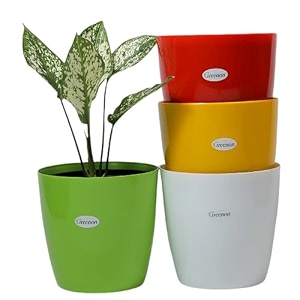 greenon 6 inch self watering plant pot set of 4 8 pots whiteredyellowgreen outer and black inner ideal for home office amp tabletop flower pot plants unfadable planter virgin plastic gamla