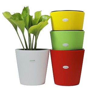 greenon 10 inch self watering plant pot set of 4 8 pots  whiteyellowredgreen outer amp black inner planters  virgin plastic  uv treated gamla  ideal for indoor balcony amp home garden