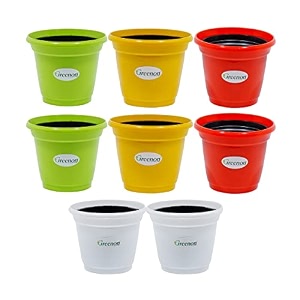 greenon plant pot 4 inch small multi colour  pack of 8  self water planter  uv treated gamla  virgin plastic flower pot  color outer black inner  2 red2 white2 yellow2 green