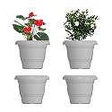 GREENRI Delux 8 Inches (Pack of 4) Heavy Duty Plastic Planters Pots, UV Resistant Flower Pot for Indoor &amp; Outdoor Use, Flawless Planters Pot Set for Home, Living Room, Balcony &amp; Garden Décor (White)