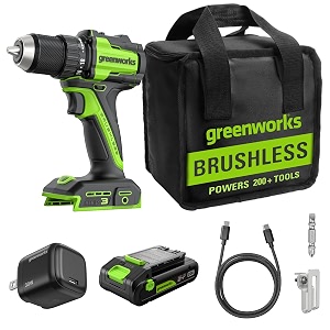 greenworks 24v cordless brushless 400 in-lbs drilldriver lightweight led work light181 clutch 20ah usb-c battery 12000mah power bank30w usb-c charger and usb c to usb c cable33ft