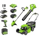 Greenworks 48V (24V x 2) 21" Self-Propelled Mower+12" String Trimmer+320CFM Blower+310 in./lbs Drill Driver,(2) 5.0Ah Batteries and (2) 2.0Ah Batteries, 4A Dual Port Charger