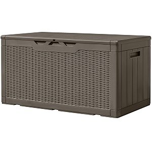 greesum 100 gallon resin deck box large outdoor storage imitation rattan weave texture for patio furniture garden tools pool supplies weatherproof and uv resistant lockable light coffee