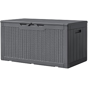 greesum 100 gallon resin deck box large outdoor storage imitation rattan weave texture for patio furniture garden tools pool supplies weatherproof and uv resistant lockable gray