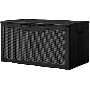 greesum 100 gallon resin deck box large outdoor storage imitation rattan weave texture for patio furniture garden tools pool supplies weatherproof and uv resistant lockable dark black