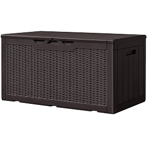 greesum 100 gallon resin deck box large outdoor storage imitation rattan weave texture for patio furniture garden tools pool supplies weatherproof and uv resistant lockable dark brown