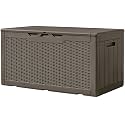 Greesum 100 Gallon Resin Deck Box Large Outdoor Storage, Imitation Rattan Weave Texture for Patio Furniture, Garden Tools, Pool Supplies, Weatherproof and UV Resistant, Lockable, Light Coffee