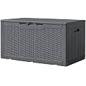 Greesum 100 Gallon Resin Deck Box Large Outdoor Storage, Imitation Rattan Weave Texture for Patio Furniture, Garden Tools, Pool Supplies, Weatherproof and UV Resistant, Lockable, Gray