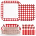 Grencian 200 Pcs Red and White Gingham Party Supplies, Serves 50