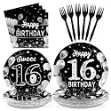 Grencian 96 Pcs Silver Black 16th Birthday Party Decorations, Serves 24