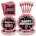 Grencian 96Pcs BBQ Red and Black Gingham Party Decoration, Serve 24