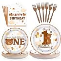 Grencian 96Pcs Brown Beary First Birthday Party Decoration, Serve 24