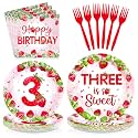 Grencian 96Pcs Strawberry 3rd Birthday Party Supplies Serves 24