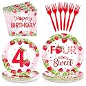 Grencian 96Pcs Strawberry 4th Birthday Party Decoration, Serve 24