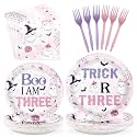 Grencian 96Pcs Trick or Three Halloween 3rd Birthday Decorations for Girls