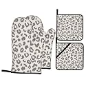 Grey Leopard Oven Mitts and Pot Holders Sets - Animal Print Kitchen Mitts Potholders 4 Pack Heat Resistant Vintage Cheetah Oven Gloves Hot Pads for Kitchen Baking Grilling Party
