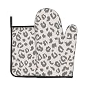 Grey Leopard Oven Mitts and Pot Holders Sets - Animal Print Kitchen Mitts Potholders 2 Pack Heat Resistant Vintage Cheetah Oven Gloves Hot Pads for Kitchen Baking Grilling Party