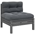 Grey Solid Pine Wood Garden Middle Sofa with Anthracite Fabric Cushions, Modular Outdoor Seating for Patio Balcony Terrace, Weather-Resistant Polyester Furniture for Leisure