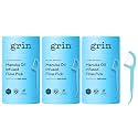 Grin Tooth Picks Flossers for Adults – Manuka Oil Infused Dental Floss Picks for Teeth Cleaning - Natural Mint Flavor - 100% Recycled Plastic Handle - 80 Count Canister (Pack of 3)