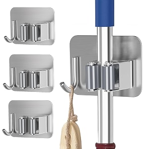 grishva 4 pieces stainless steel 1 rack with 1 hook heavy duty wall mounted broom and mop stick holder hanging tools for home kitchen garden laundry garage silver