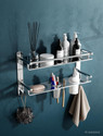 GRIVAN Bathroom Shelf Rack With Soap & Toothbrush Holder | Liquid Dispenser With Hooks Silver Towel Holder (Stainless Steel)