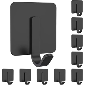 grovent 10 pcs adhesive hooks robe towel hook for hanging heavy duty wall hooks waterproof stainless steel hooks black stick on bathroom kitchen home door bedroom heavy j black square