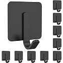 GROVENT® 10 Pcs Adhesive Hooks, Robe Towel Hook for Hanging Heavy Duty Wall Hooks Waterproof Stainless Steel Hooks Black Stick on Bathroom Kitchen Home Door Bedroom (Heavy J Black Square)