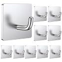 GROVENT® 10 PCS Self Adhesive Hooks/Wall Hangings Hook/Waterproof Stainless Steel Hook for Wall Without Drilling Heavy Duty Bathroom Kitchen Towel Wall Hook for Hanging Strong Coat (J Square Silver)