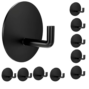 grovent 10 pcs self-adhesive stainless steel hooks heavy-duty wall hanging solution for bathroom amp kitchen - waterproof drill-free strong coattowel wall hooks j round black