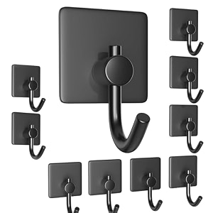 grovent 10 pcs self-adhesive stainless steel hooks heavy-duty wall hangings waterproof amp drill-free - strong towel coat and kitchen hooks for bathroom and kitchen big squre black hook