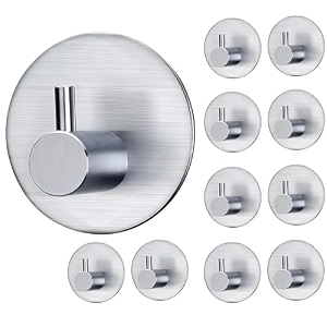 grovent 10 pcs self-adhesive stainless steel hooks heavy-duty wall hanging solution without drilling - waterproof hooks for bathroom and kitchen towels t- round silver