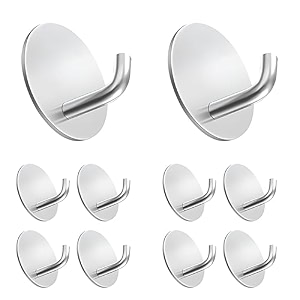 grovent 10 pcs self-adhesive stainless steel hooks heavy-duty waterproof wall hangers for bathroom and kitchen - strong hold for coats towels and more no drilling needed j round silver