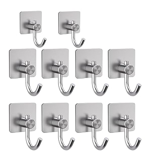 grovent 10 pcs self-adhesive stainless steel hooks heavy-duty wall hanging solution for bathroom amp kitchen - waterproof drill-free strong coattowel wall hooks big square silver hook