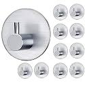GROVENT® 10 pcs Self-Adhesive Stainless Steel Hooks: Heavy-Duty Wall Hanging Solution Without Drilling - Waterproof Hooks for Bathroom and Kitchen Towels (T- Round Silver)