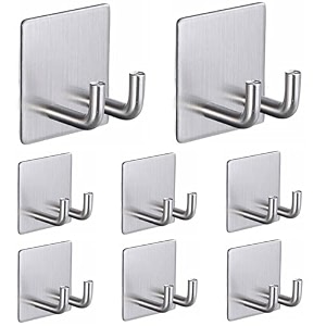 grovent 10 pcs self-adhesive waterproof stainless steel hooks heavy-duty wall hangers for bathroom amp kitchen - no drill needed strong hold for coats and towels double hook silver