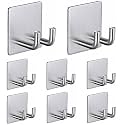 GROVENT® 10 pcs Self-Adhesive Waterproof Stainless Steel Hooks: Heavy-Duty Wall Hangers for Bathroom &amp; Kitchen - No Drill Needed, Strong Hold for Coats and Towels (Double Hook Silver)