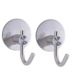 grovent 2 pcs self-adhesive stainless steel hooks heavy-duty wall hanging solution for bathroom amp kitchen - waterproof drill-free strong coattowel wall hooks large j round silver