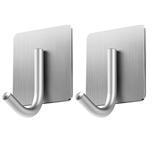 grovent 2 pcs self-adhesive stainless steel hooks heavy-duty wall hangings waterproof amp drill-free - strong towel coat and kitchen hooks for bathroom and kitchen heavy j silver square