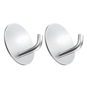 grovent 2 pcs self-adhesive stainless steel hooks heavy-duty waterproof wall hangers for bathroom and kitchen - strong hold for coats towels and more no drilling needed j round silver
