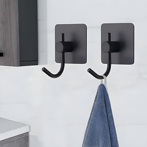 grovent 2 pcs self-adhesive stainless steel hooks heavy-duty wall hangings waterproof amp drill-free - strong towel coat and kitchen hooks for bathroom and kitchen big squre black hook
