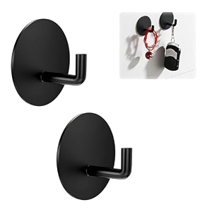 grovent 2 pcs self-adhesive stainless steel hooks heavy-duty wall hanging solution for bathroom amp kitchen - waterproof drill-free strong coattowel wall hooks j round black