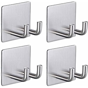 grovent 4 pcs self-adhesive waterproof stainless steel hooks heavy-duty wall hangers for bathroom amp kitchen - no drill needed strong hold for coats and towels double hook silver