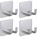 GROVENT® 4 pcs Self-Adhesive Waterproof Stainless Steel Hooks: Heavy-Duty Wall Hangers for Bathroom &amp; Kitchen - No Drill Needed, Strong Hold for Coats and Towels (Double Hook Silver)