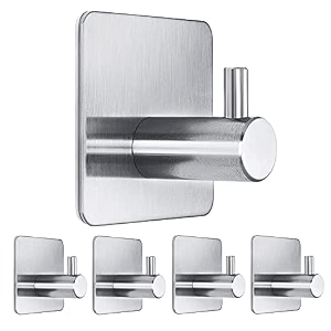 grovent 3m adhesive hooks 5 pcs stainless steel stick on hooks for hanging towels waterproof towel hangers for bathroom wallbathroom wallshower wall kitchen t-square silver